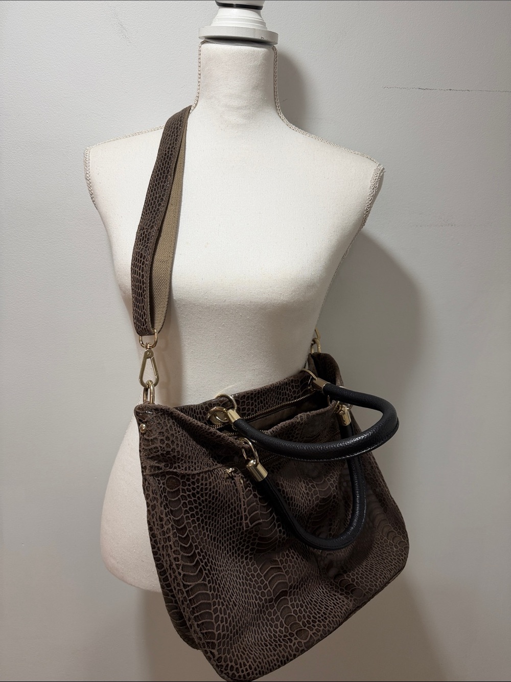 VTG Y2K 90s Croc Animal Print Brown Textured Leather Shoulder Bag Crossbody